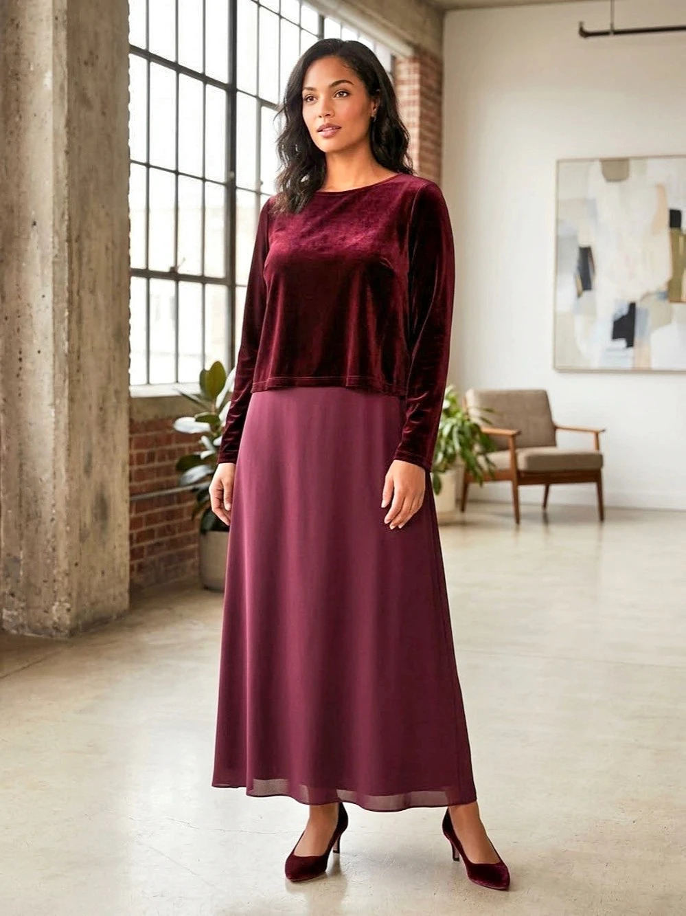 Eileen Fisher Velvet and Silk Maxi Dress in Purple Size Large Like New